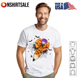 Cute Halloween Pencil with Bow and Bats Teacher Student Spooky T-Shirt