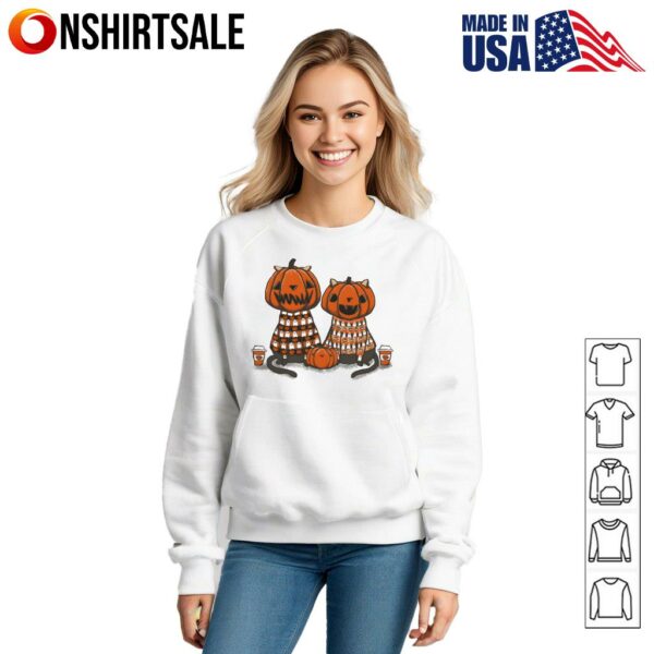 Pumpkin Head Cats Halloween With Ghost And Pumpkin Sweaters T-Shirt