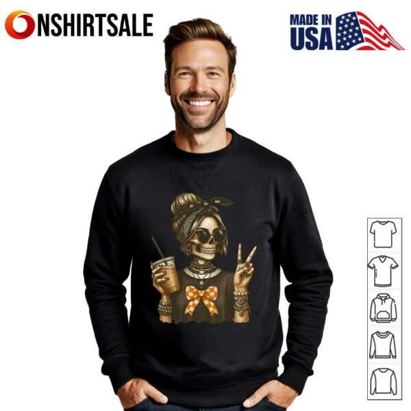 Skeleton Girl Rock Style with Drink and Peace Sign Halloween T-Shirt