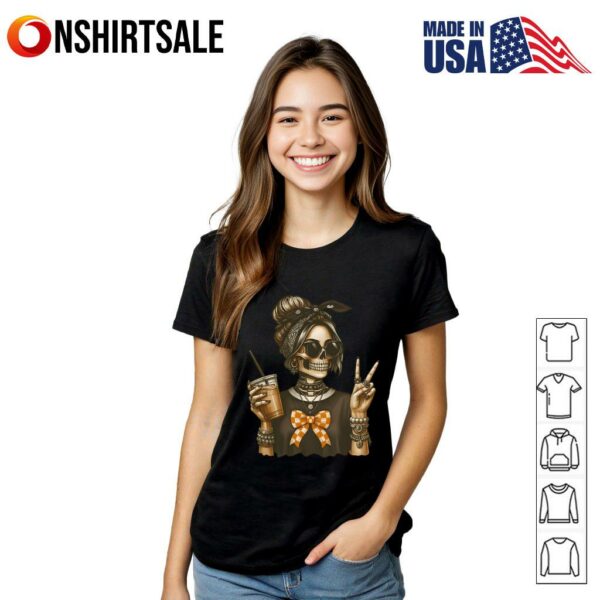 Skeleton Girl Rock Style with Drink and Peace Sign Halloween T-Shirt