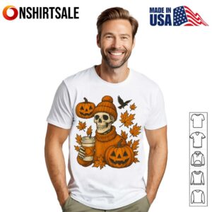 Skeleton Pumpkin Spice Halloween Cozy Fall Funny T-Shirt