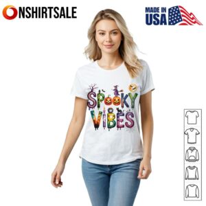 Spooky Vibes Halloween Cute Witch Pumpkin Cat Bat Witchy Vibes T Shirt 2