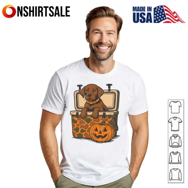 Cute Puppy in Cooler with Jack O’Lantern Pumpkin Fall Halloween T-Shirt