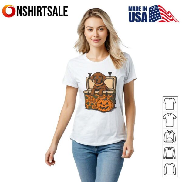Cute Puppy in Cooler with Jack O’Lantern Pumpkin Fall Halloween T-Shirt