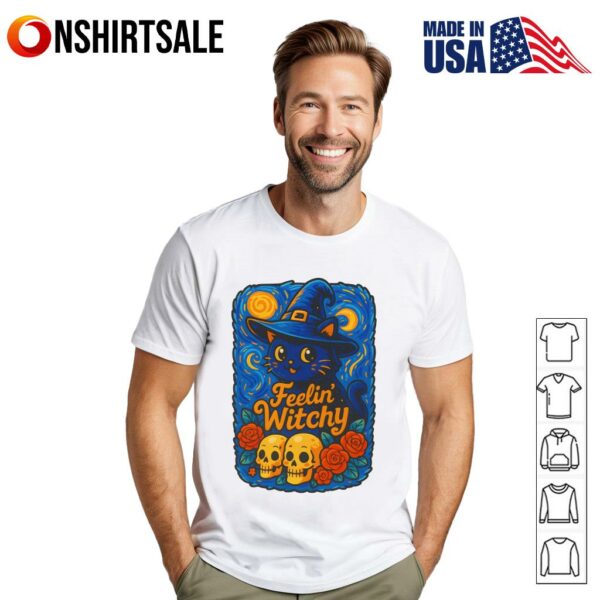 Hallowen Black Cat Witch Hat with Skulls &Roses T-Shirt