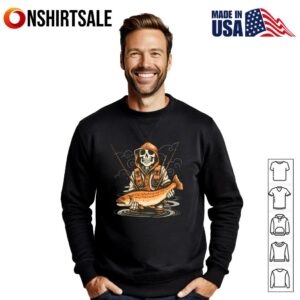 Skeleton Fisherman Holding Big Catch Funny Fishing Halloween Spooky Fisher T Shirt 2