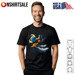 Space Animals Dolphins and Seals Swimming in Galaxy Planets Earth Saturn Cosmic T Shirt 1