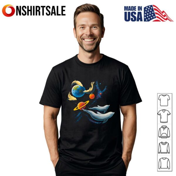 Space Animals Dolphins and Seals Swimming in Galaxy Planets Earth Saturn Cosmic T-Shirt