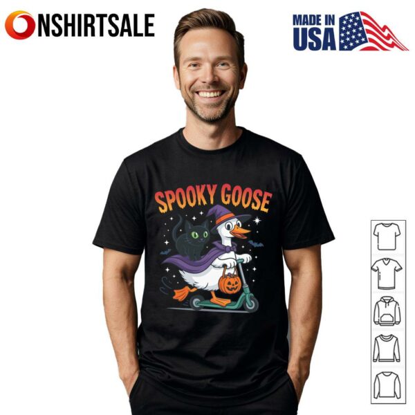 Spooky Goose Halloween Goose with Witch Hat and Black Cat T-Shirt