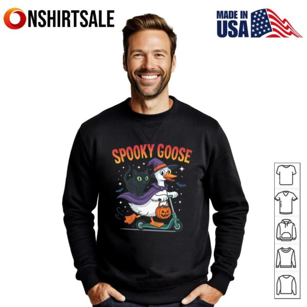 Spooky Goose Halloween Goose with Witch Hat and Black Cat T-Shirt