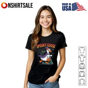 Spooky Goose Halloween Goose with Witch Hat and Black Cat T Shirt 3