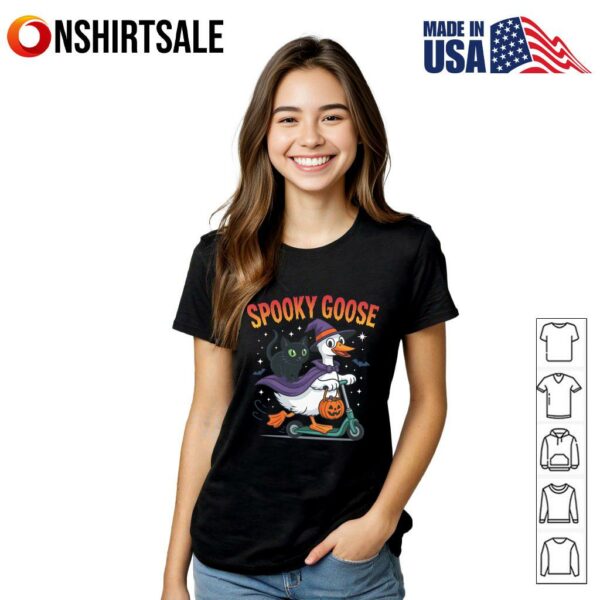 Spooky Goose Halloween Goose with Witch Hat and Black Cat T-Shirt