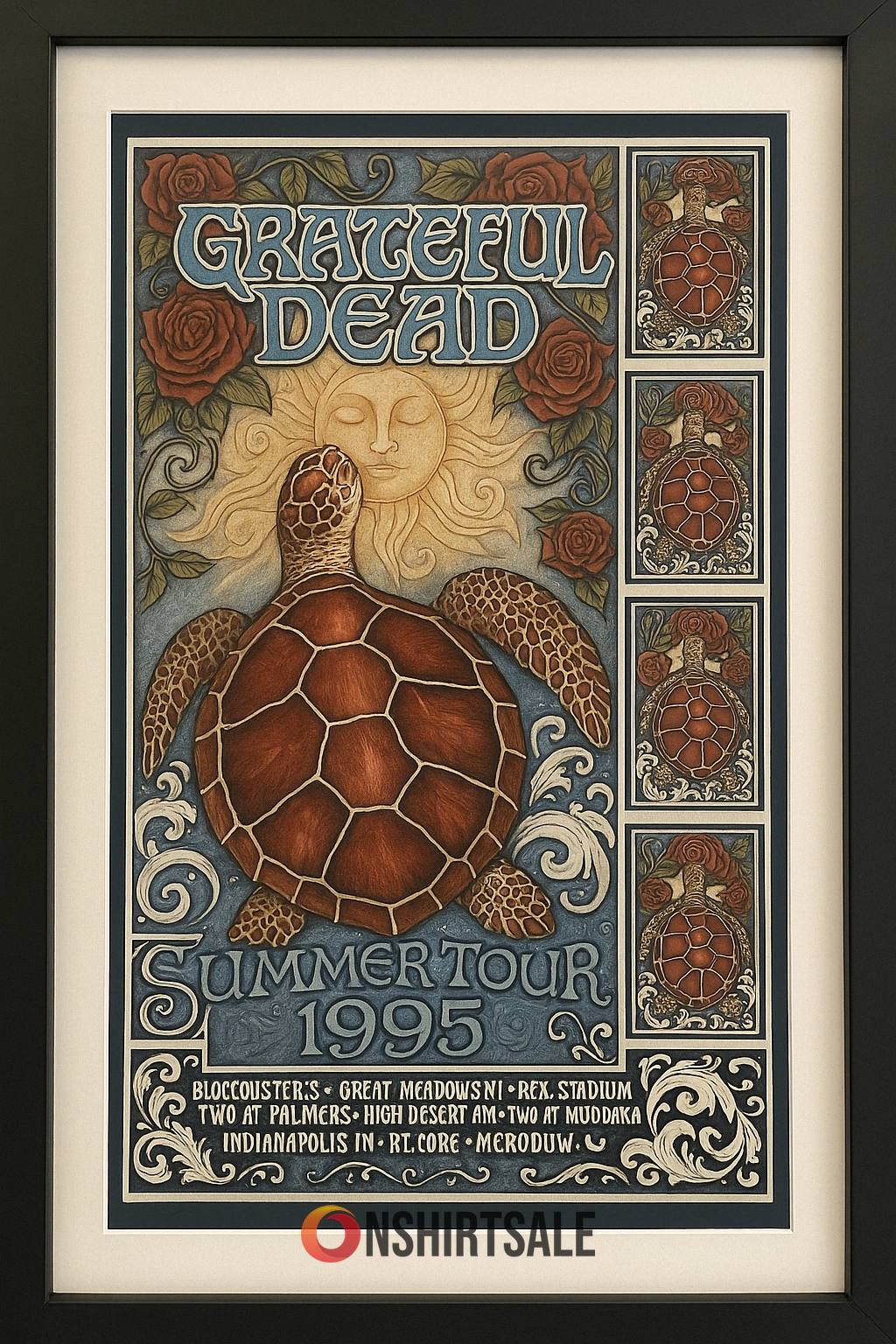 Grateful Dead Summer Tour 1995 Framed Poster, Canvas Vintage Sea Turtle Psychedelic Art Wall Decor for Music